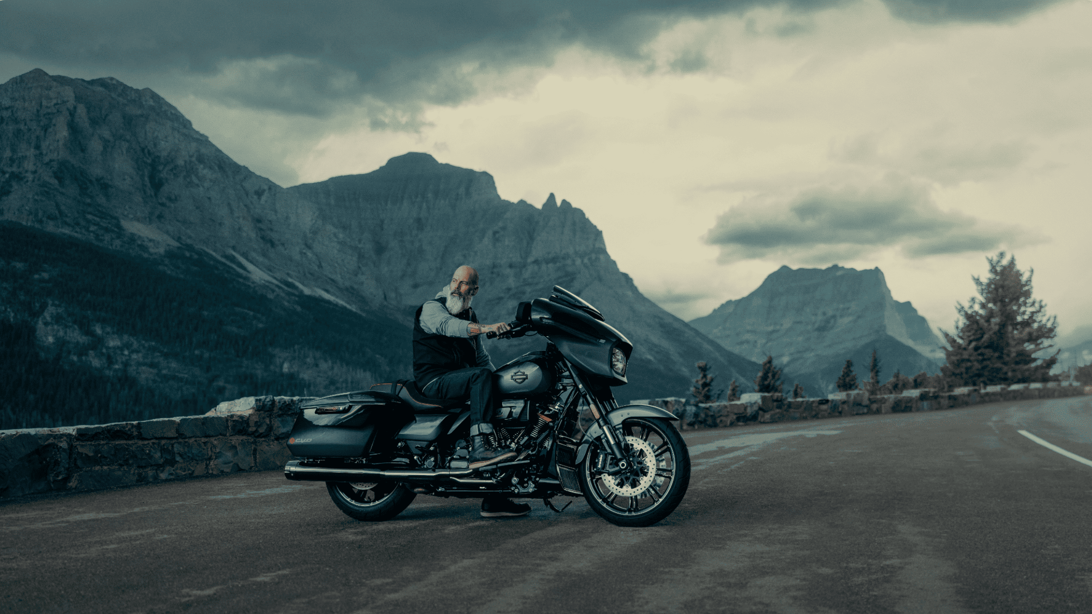 Dark 2025 Harley-Davidson CVO Street Glide cruiser parked on scenic mountain overlook with rider.