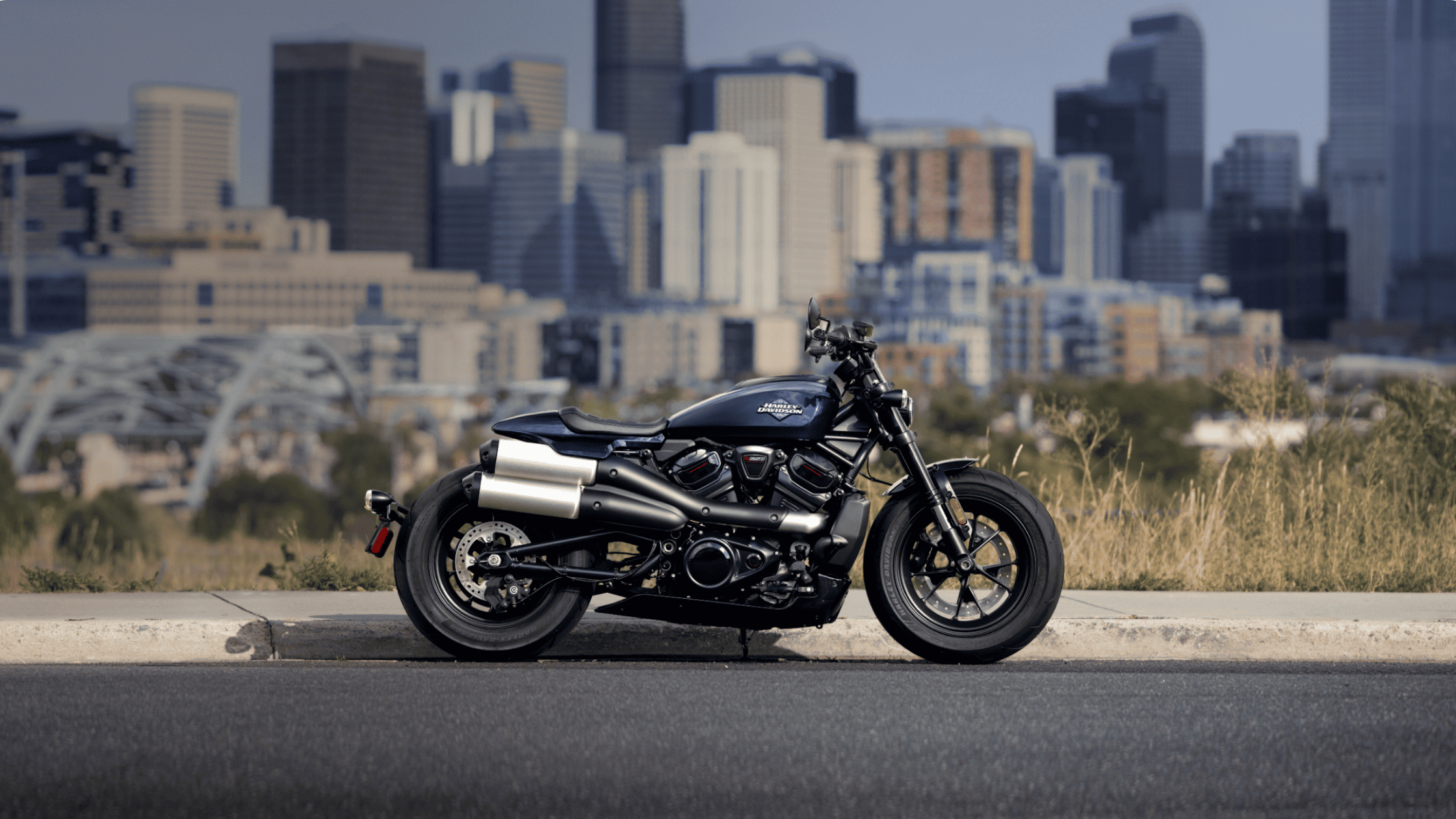 2025 Harley-Davidson Sportster S motorcycle parked with city skyline in background