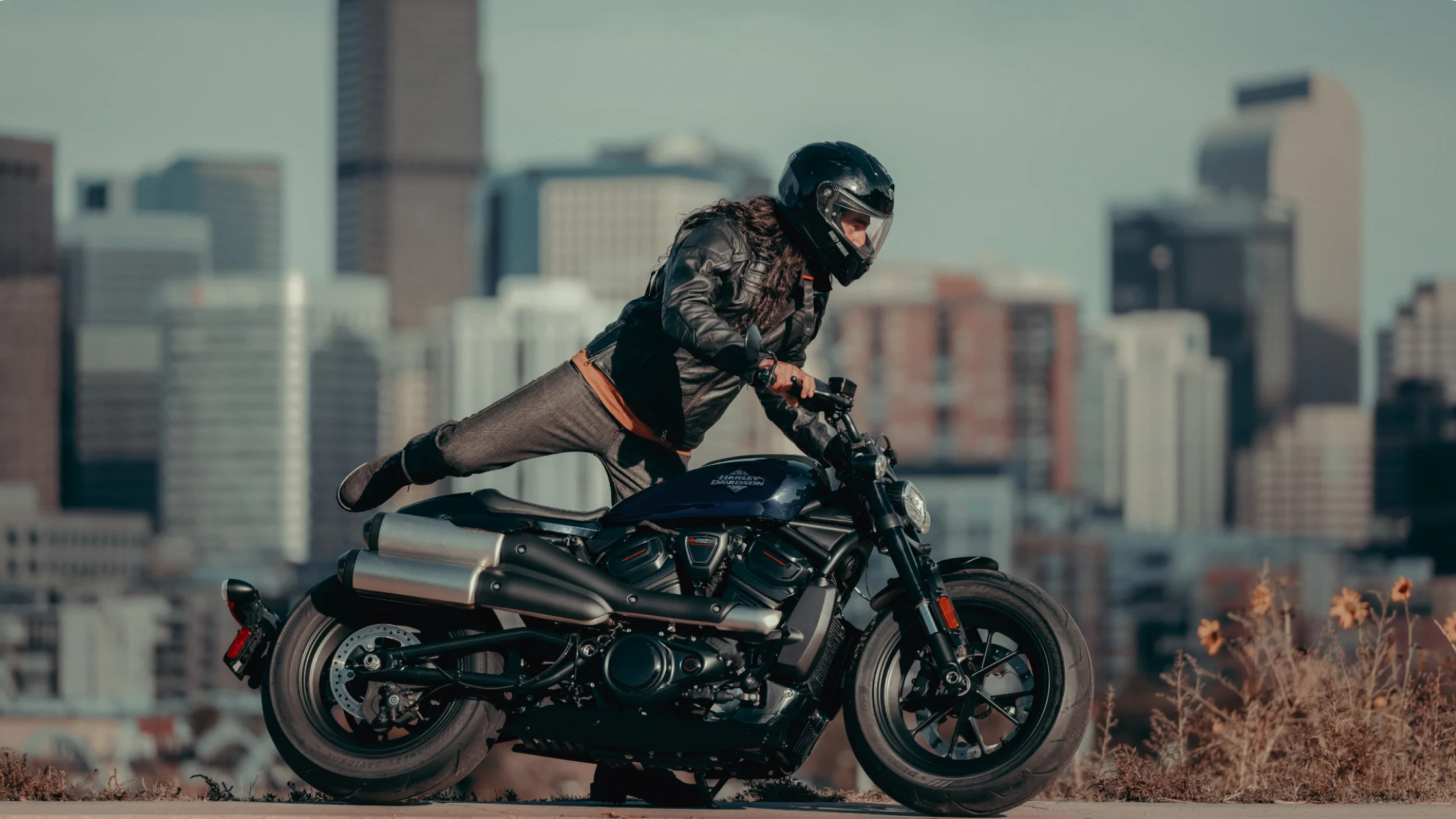 2025 Harley-Davidson® Sportster® S motorcycle in dark finish parked with a city skyline in the background.