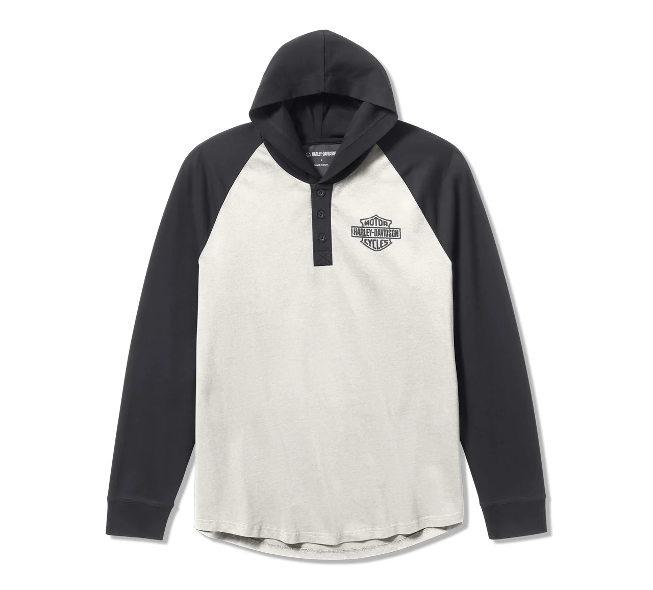 メンズ・HDMC ラグラン  フード付き - カラーブロックヘンリーネック長袖Tシャツ - クラウド ダンサー & アスファルト