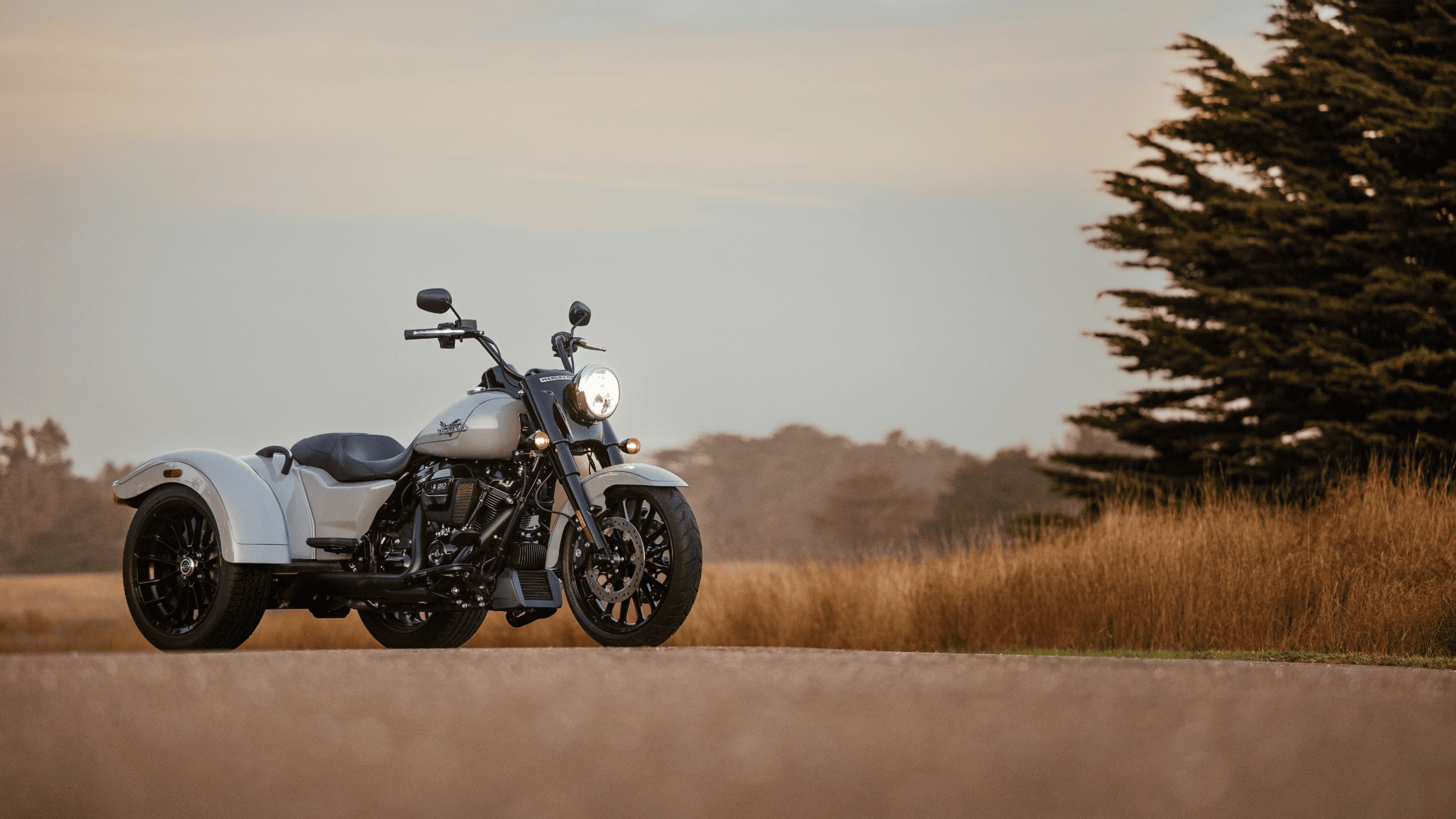 2025 Harley-Davidson Freewheeler trike parked on a scenic rural road near Sunrise FL.