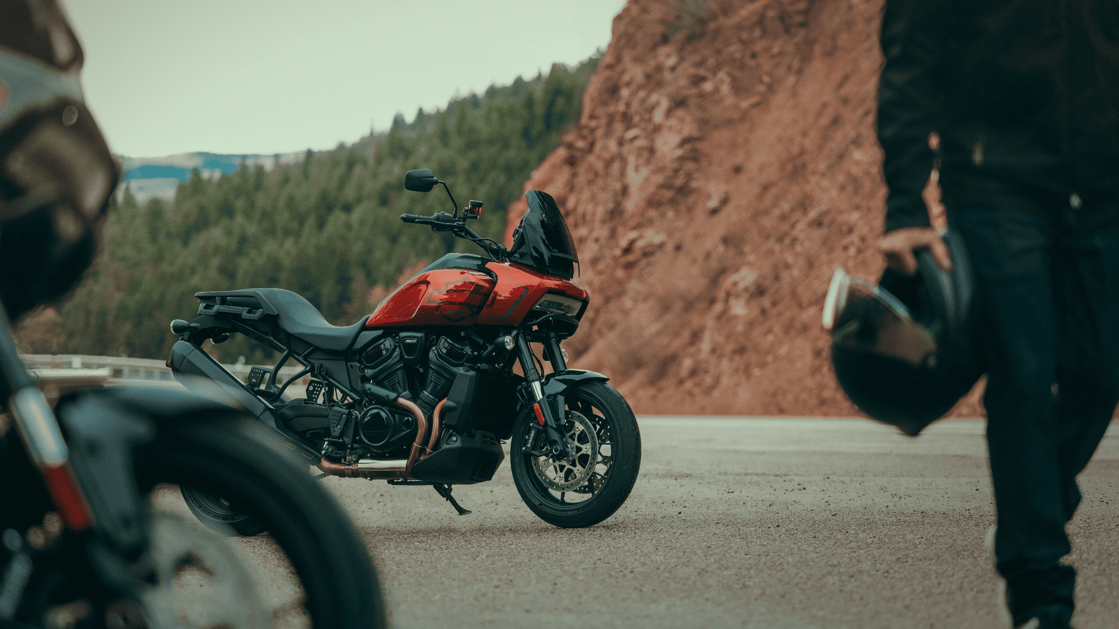 2025 Harley-Davidson Pan America 1250 ST adventure motorcycle parked roadside with mountains in the distance near McDonough GA.