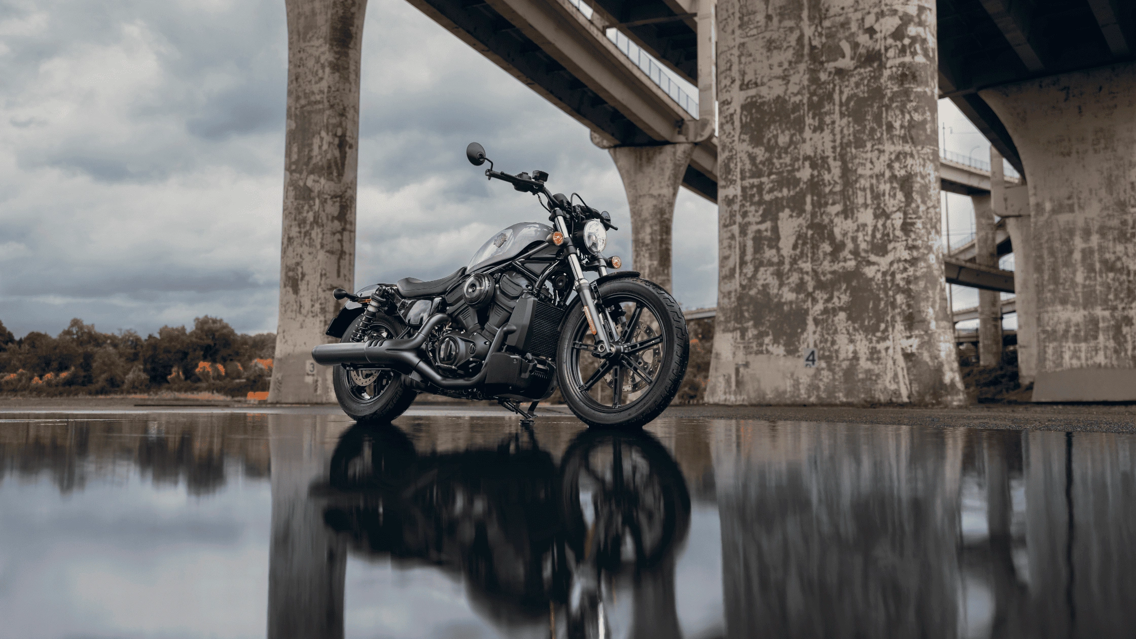 2025 Harley-Davidson Nightster parked under concrete overpass with reflection on wet ground.