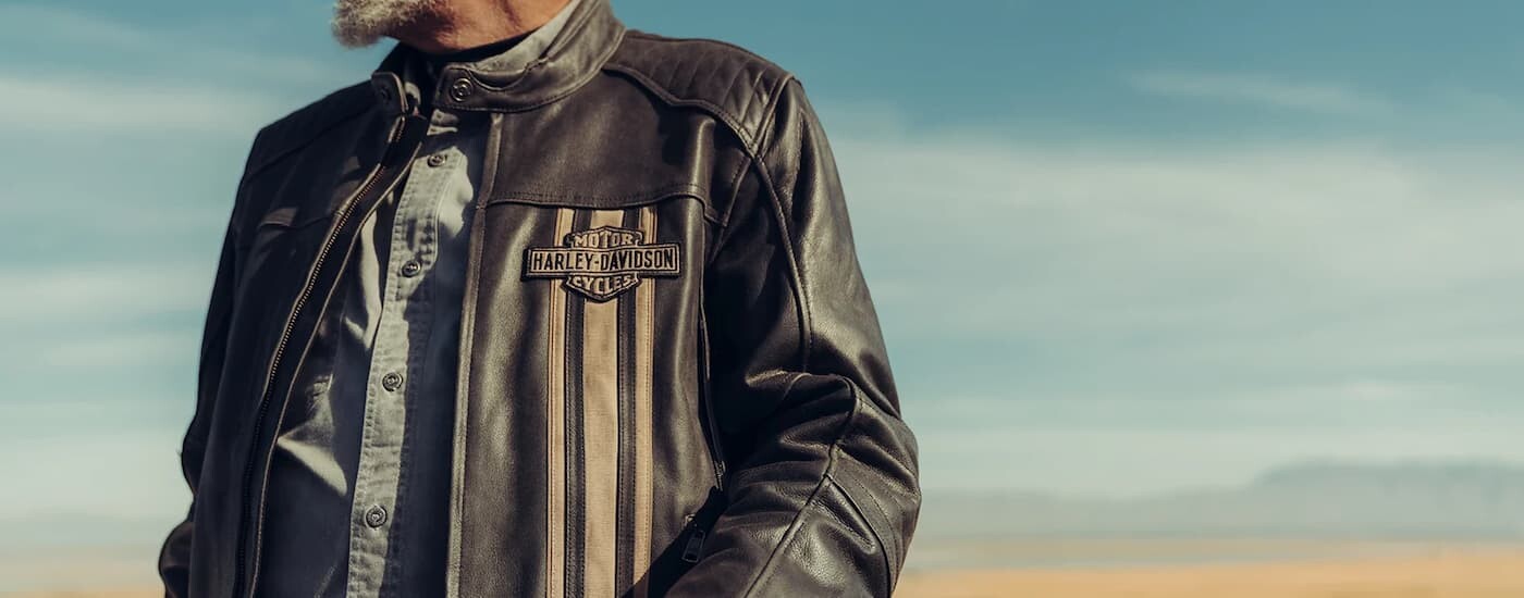 A man is shown wearing a Harley-Davidson jacket after visiting a The Woodlands Harley-Davidson deale…