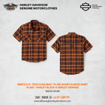 Men's H-D® TECH Coolmax® Plaid Short Sleeve Shirt - Plaid - Harley Black & Harley Orange