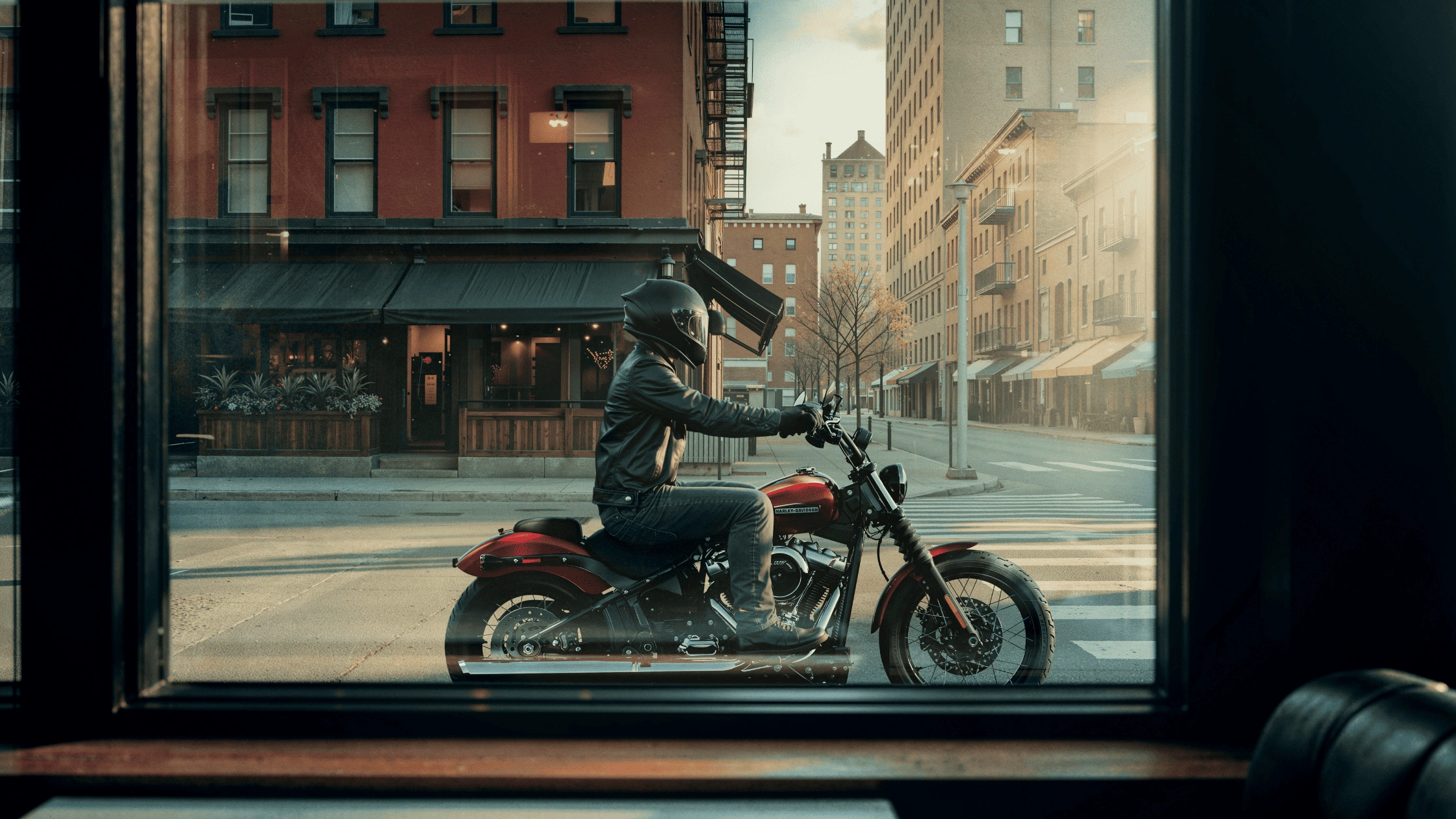 2026 Harley-Davidson Street Bob motorcycle ridden through an urban street near Bentonville, AR, featuring a minimalist cruiser design and blacked-out styling.