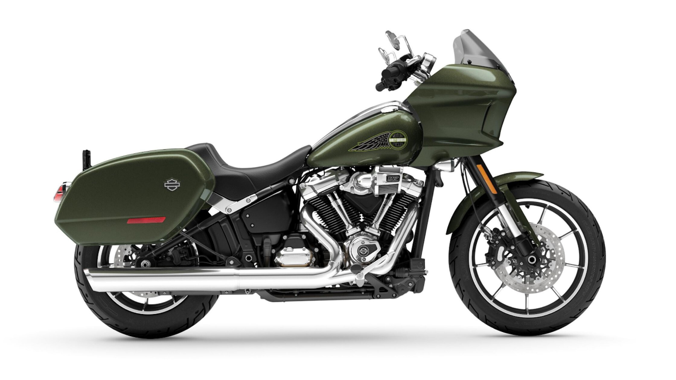 Green 2026 Harley-Davidson® Low Rider® ST studio side profile showing saddlebags and fairing