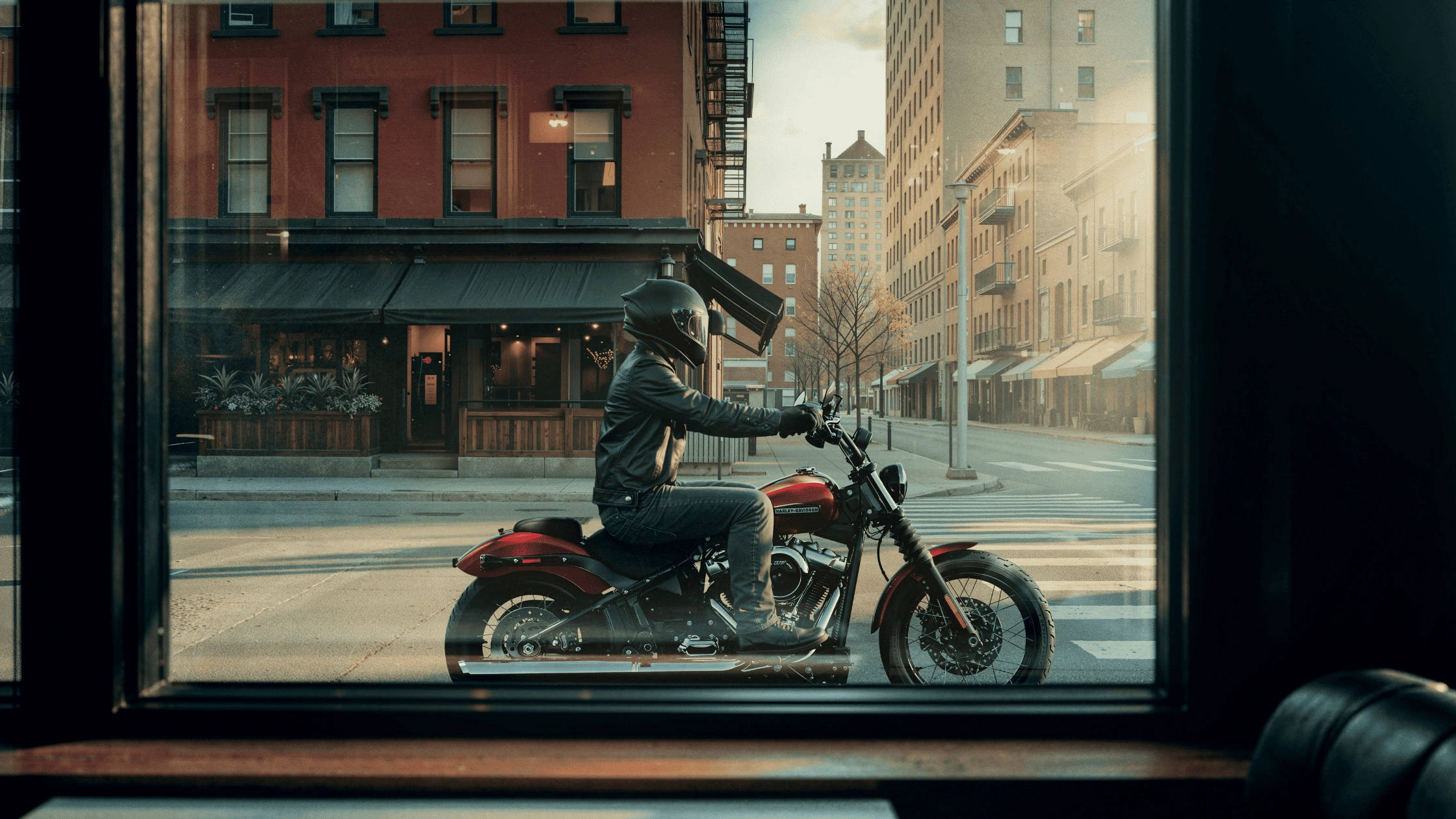 Rider stopped at a downtown intersection on a red 2026 Harley-Davidson Street Bob motorcycle in Baton Rouge, Louisiana.