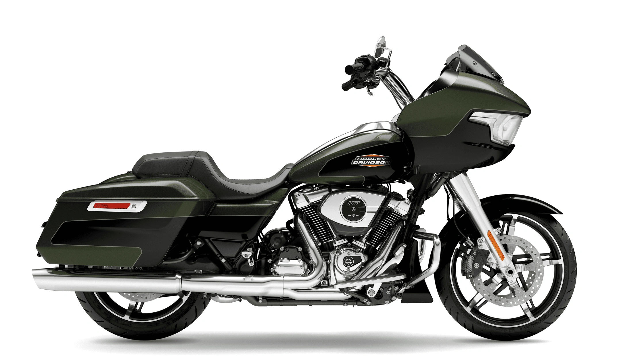 2026 Harley-Davidson Road Glide in olive green with chrome engine on white background.