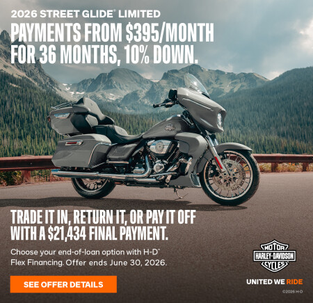 Ride out from $395/mo. for 36 mos. & 10% down. Final payment of $21,434 due at the end of your loan with H-D Flex Financing
