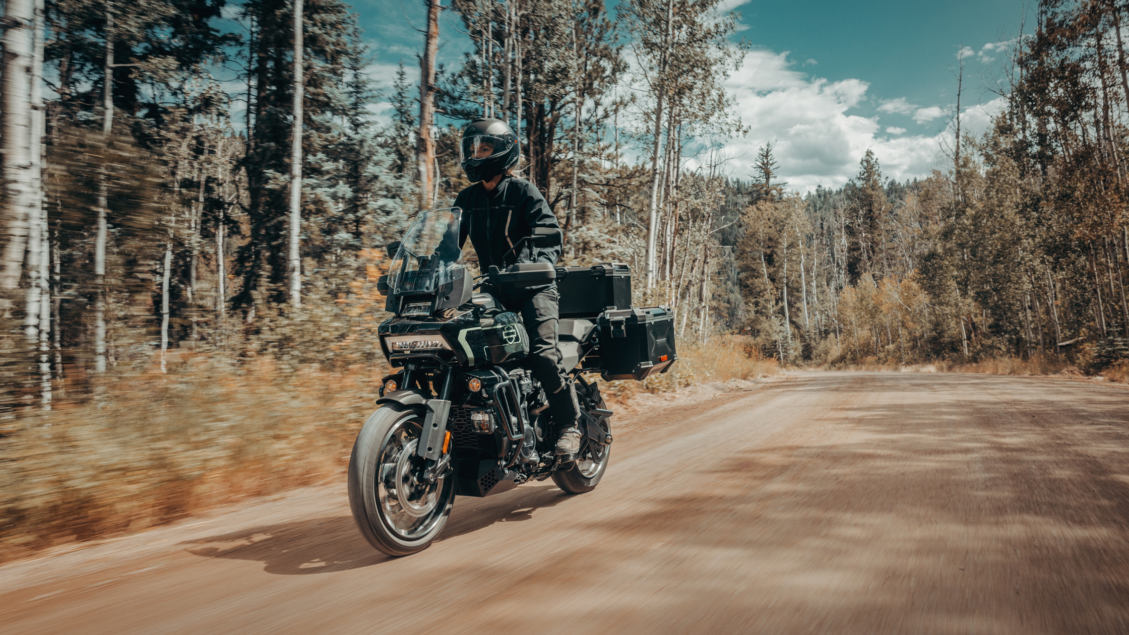 2026 Harley-Davidson® Pan America® 1250 Limited adventure motorcycle riding on a forest dirt road