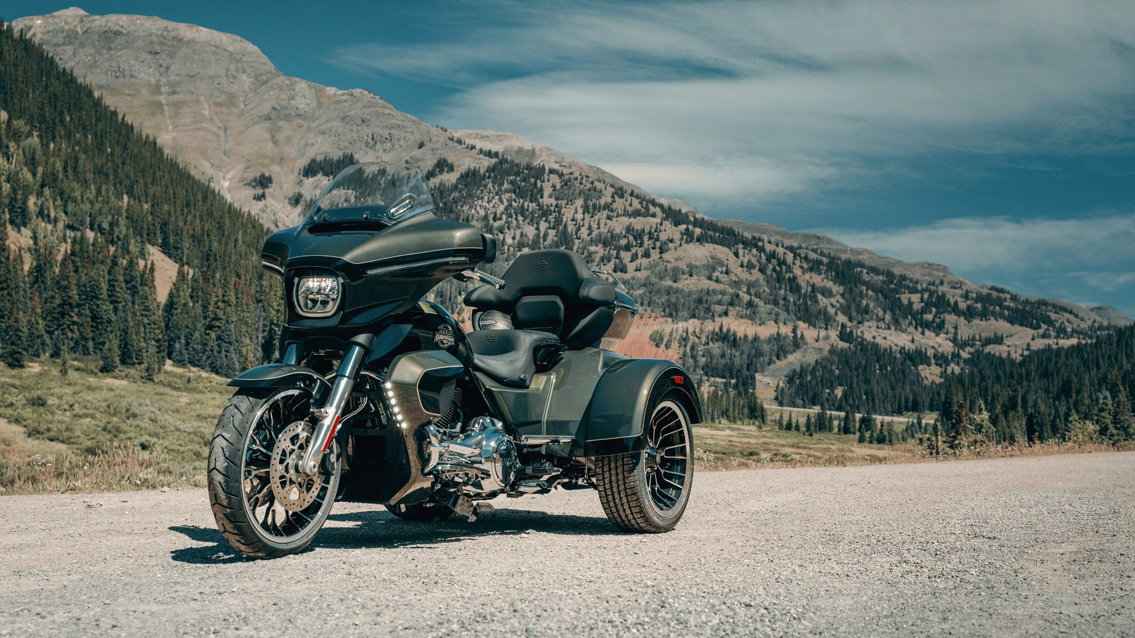 2026 Harley-Davidson Street Glide 3 Limited trike in black parked on a mountain road in Baton Rouge, LA
