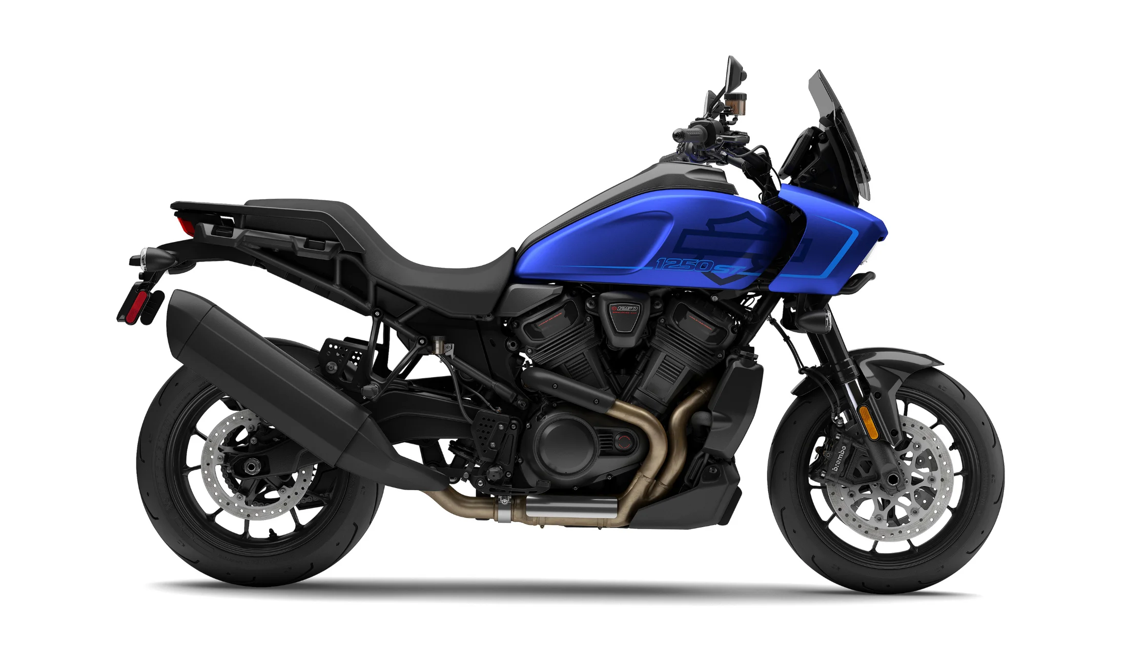 2026 Harley-Davidson® Pan America® 1250 ST motorcycle shown in a blue studio side profile