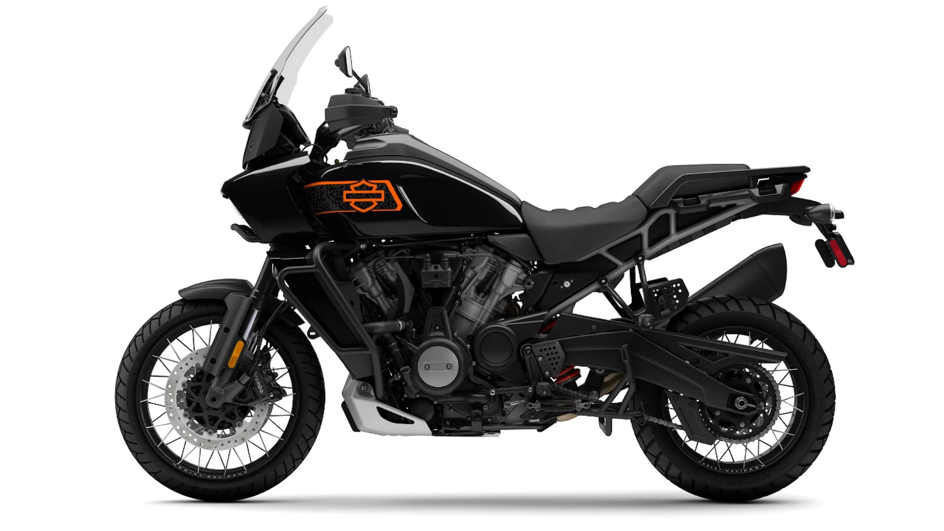 2026 Pan America® 1250 Special adventure motorcycle side profile with tall windshield and spoked wheels.