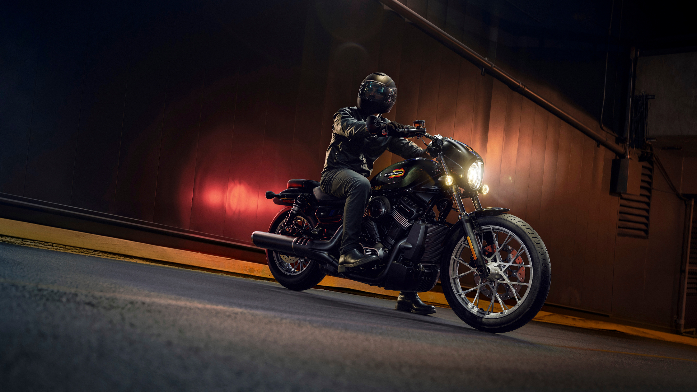 2026 Harley-Davidson Nightster Special dark green ridden in urban tunnel night