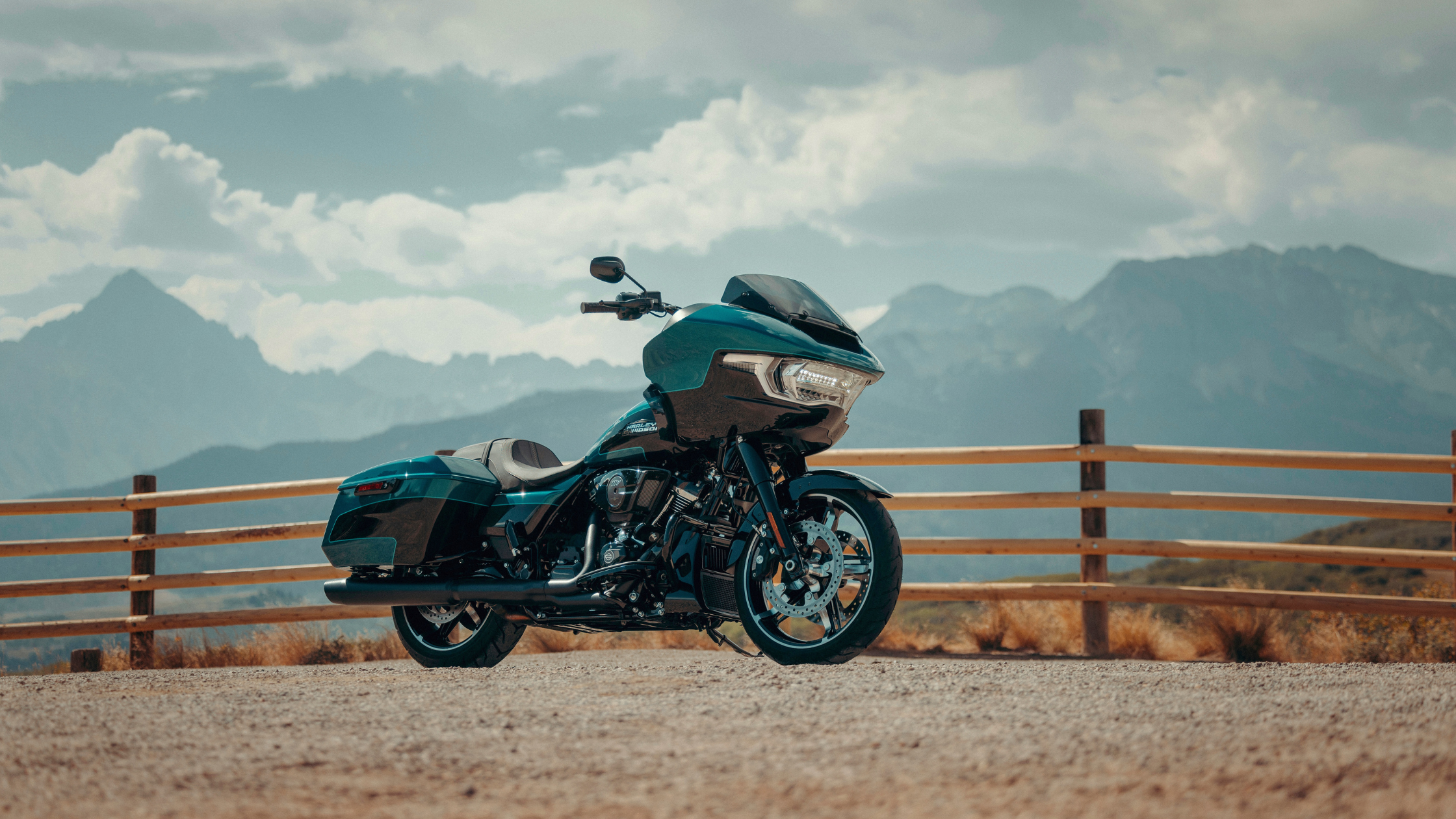 2026 Harley-Davidson Road Glide teal bagger parked scenic mountain overlook