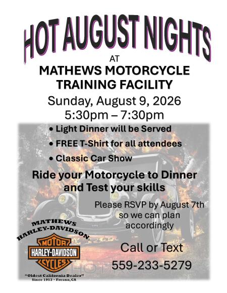 Hot August Nights Dinner @ Mathews Motorcycle Training Facility